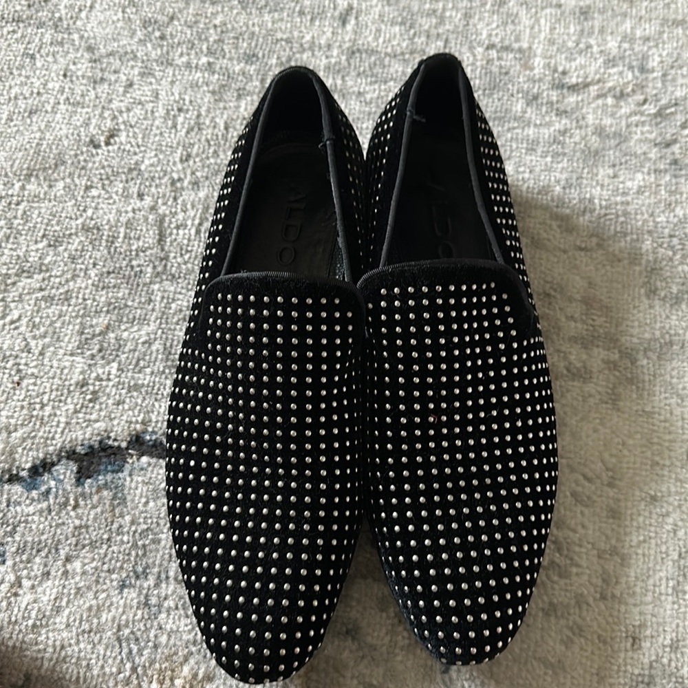 Aldo 'Bosel' Silver Studded Velvet Black Loafers Slippers Size 9